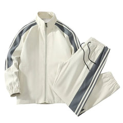 Men Fashion Tracksuit 2‑Piece Set, Stand Collar Zip‑Up Jacket & Drawstring Pants, Striped Casual Sports Outfit For Autumn Winter