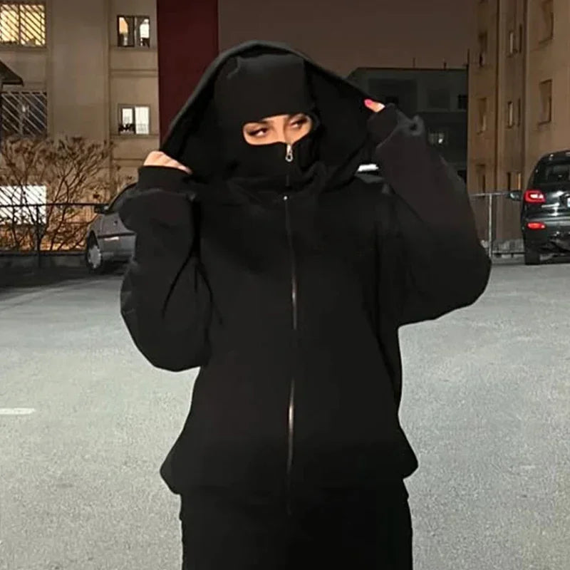 Unisex Hoodie Coat Warm Loose Balaclava Jacket Outdoor Sports Casual Jacket with Face Mask Street Wear