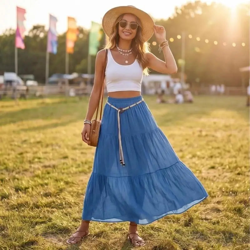Skirts for Women Linen Maxi Skirt Pleated Long Flowy Elastic Skirt Tiered Beach A-Line Skirts 6XDA