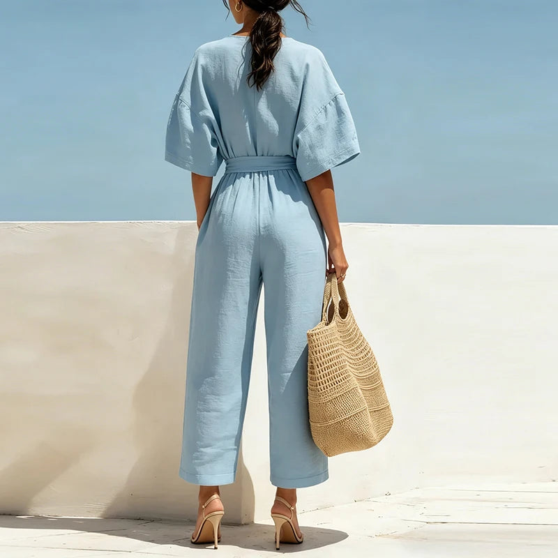 Summer Elegant Jumpsuit V Neck Lace Up High Waist Half Sleeve Long Pants Jumpsuits For Women Casual Loose Romper Playsuits