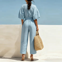 Summer Elegant Jumpsuit V Neck Lace Up High Waist Half Sleeve Long Pants Jumpsuits For Women Casual Loose Romper Playsuits