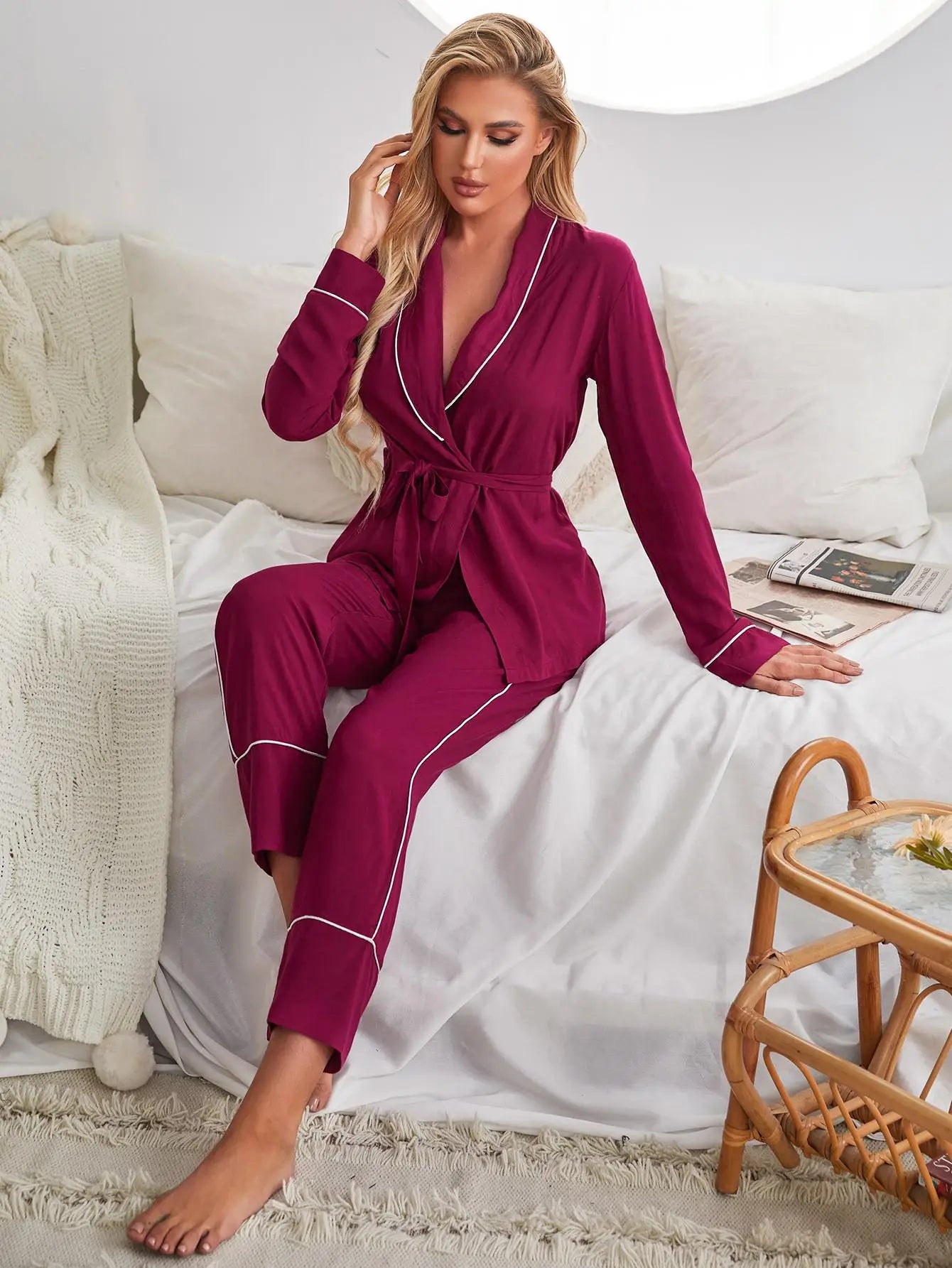 Wrap Belt V Neck Pajama Set