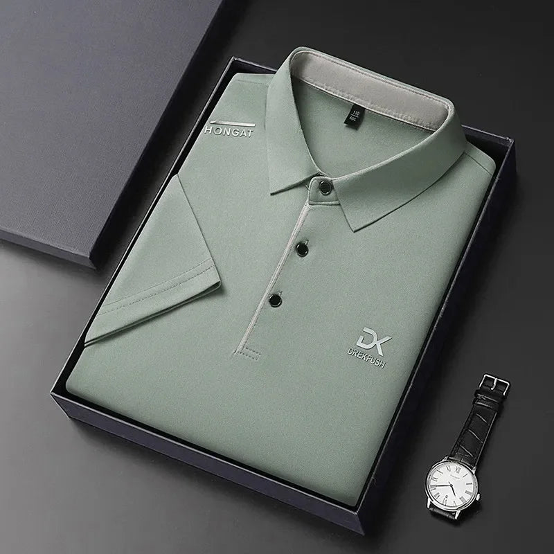 Men's Business Casual Short Sleeve Polo Shirt Solid Color with Badge Fashionable Breathable Comfortable Versatile Business Top
