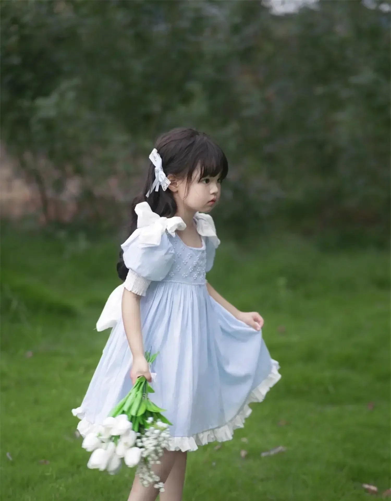 Embroidered Bow Princess Girls Dress