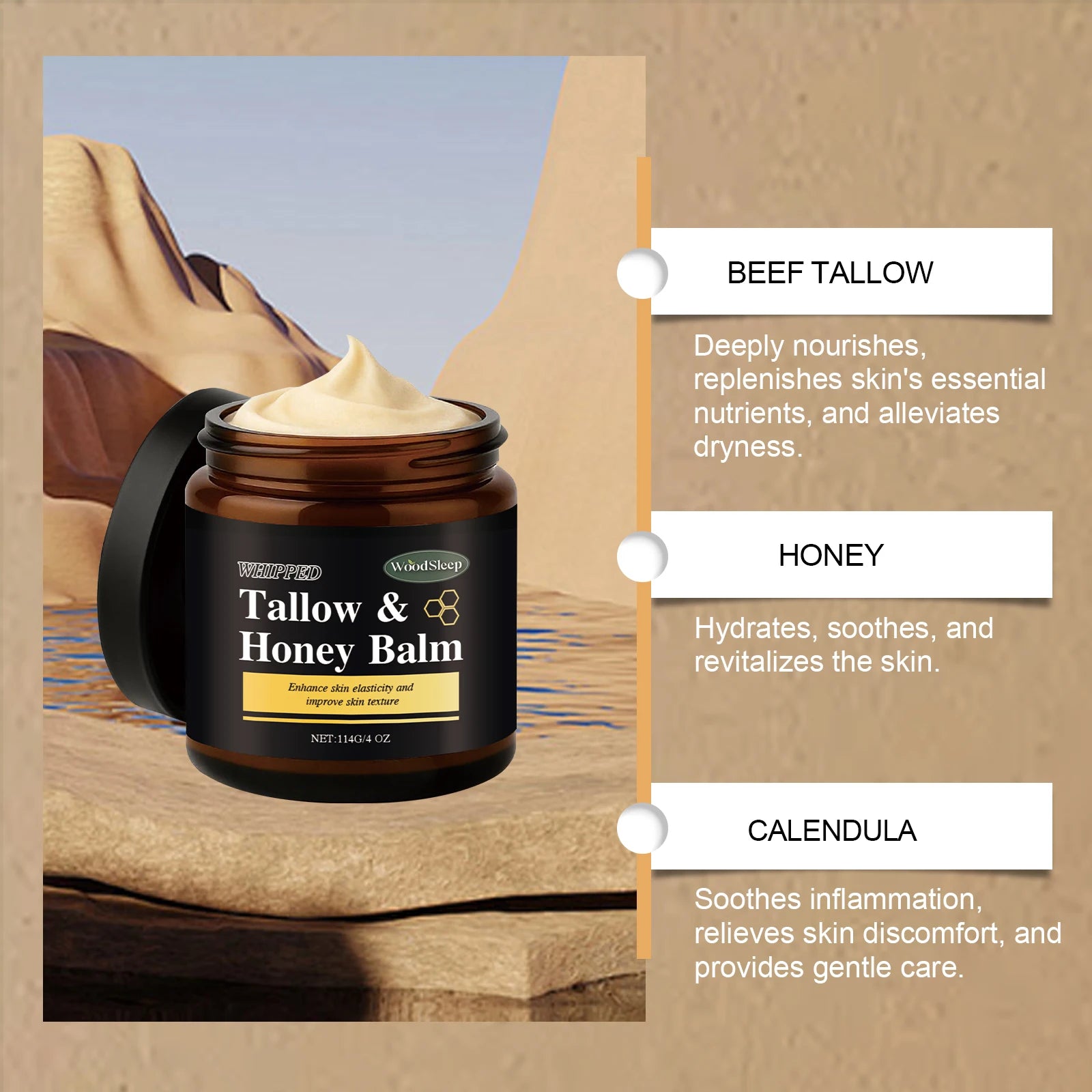 Beef Tallow Honey Balm for Men Lasting Moisturizing Dryness Soothing Skin Firming Smoothing Roughness Anti Aging Face Cream