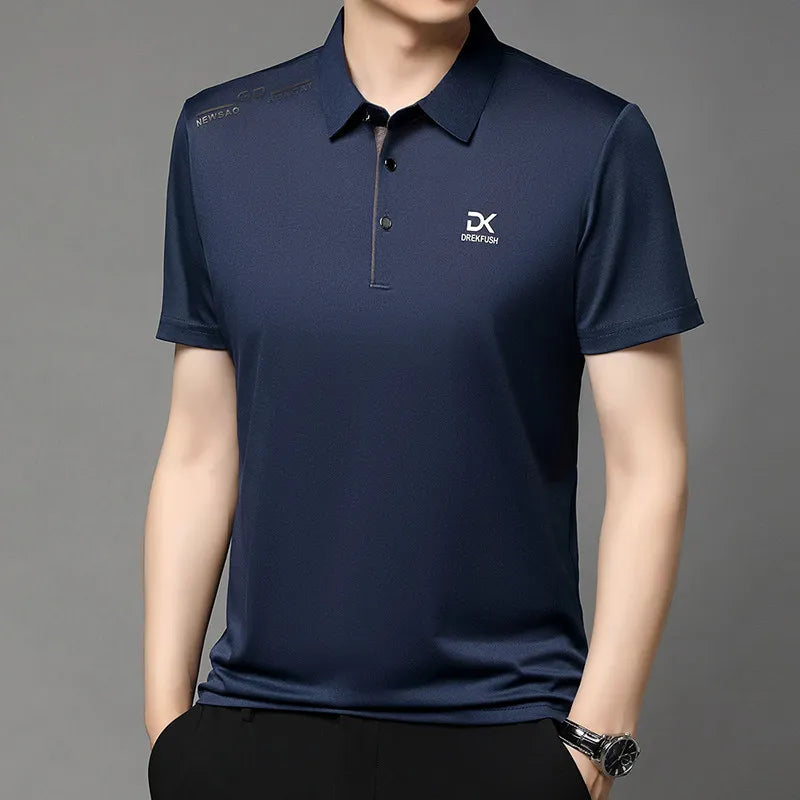 Men's Business Casual Short Sleeve Polo Shirt Solid Color with Badge Fashionable Breathable Comfortable Versatile Business Top