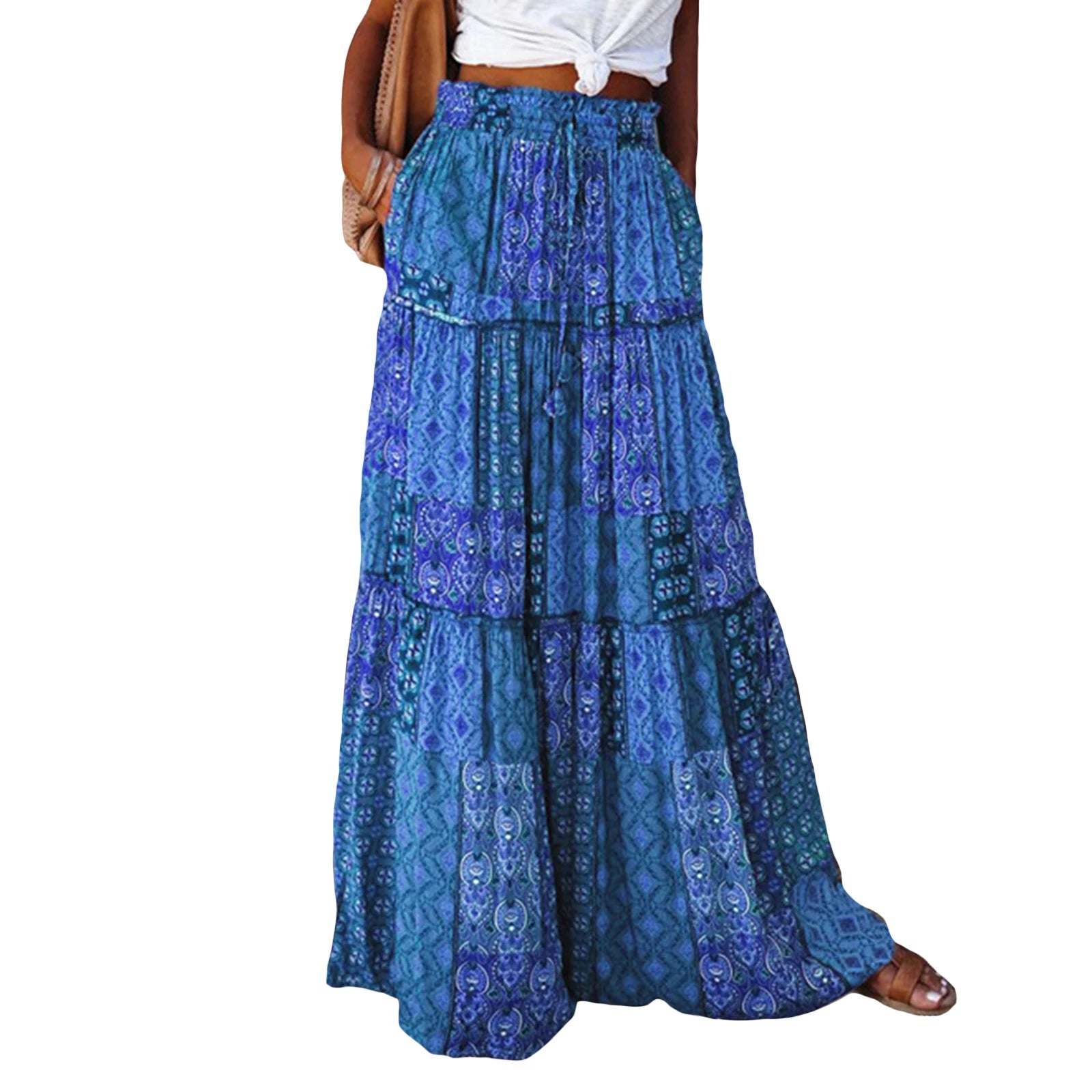 Women's Bohemian Skirts Vintage Elastic High Waist A-Line Skirts Tiered Long Skirts with Pockets