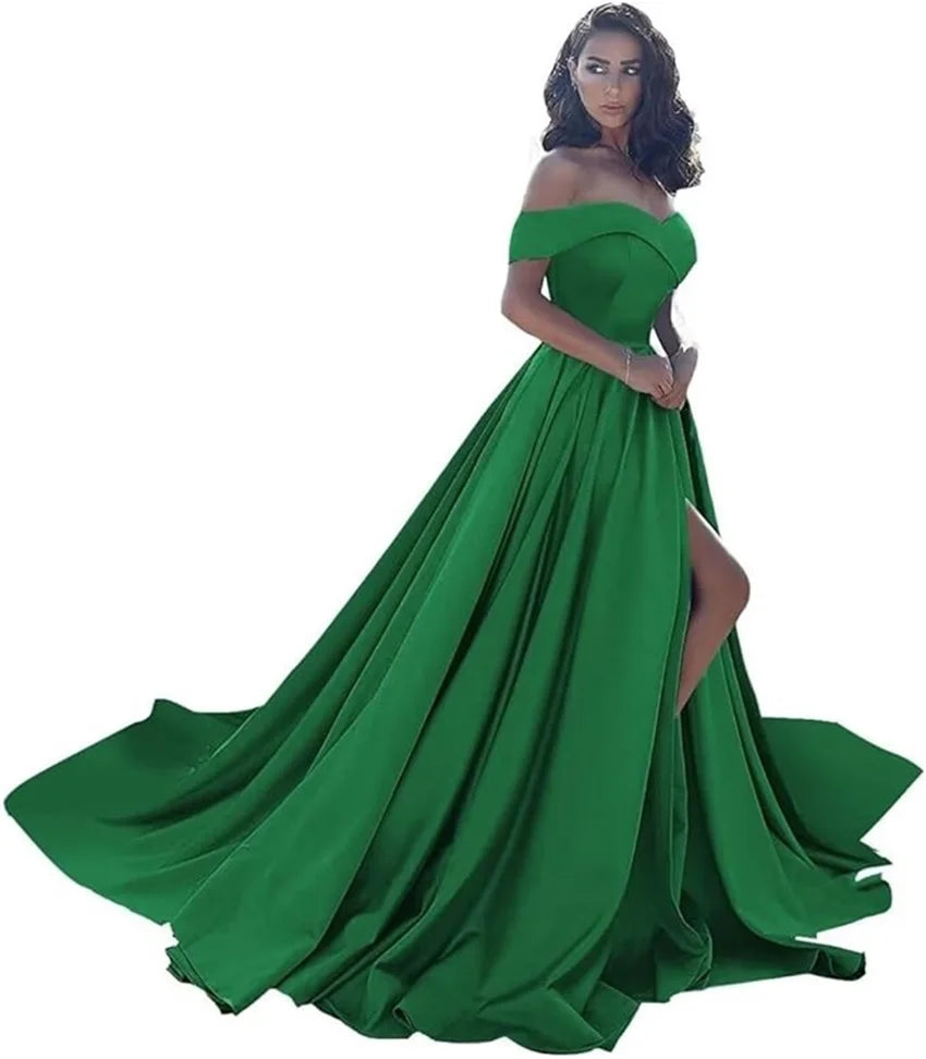 Simple Off Shoulder Satin Evening Gown
