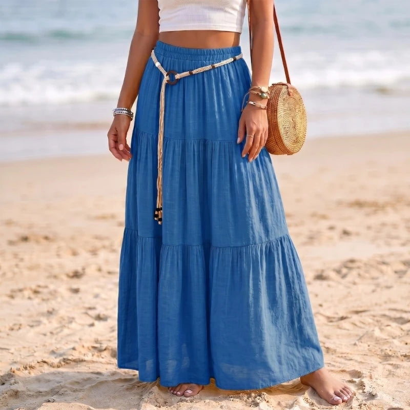 Skirts for Women Linen Maxi Skirt Pleated Long Flowy Elastic Skirt Tiered Beach A-Line Skirts 6XDA