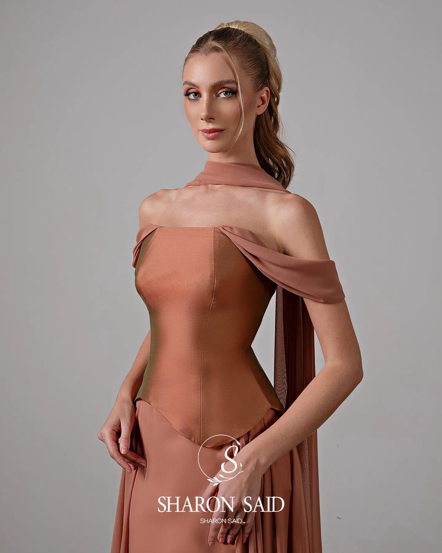 Brown Off Shoulder Chiffon Evening Gown