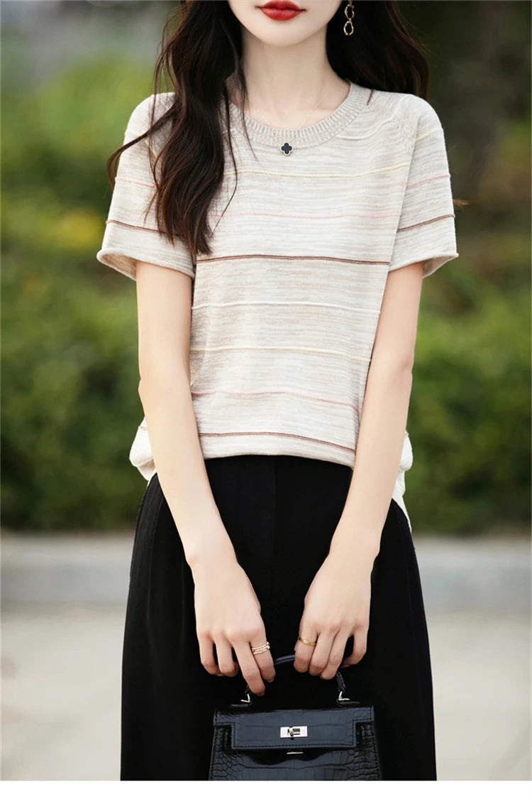 Women's T-shirts Summer New 100% Cotton Short Sleeve Casual Striped Knit Blouse Round Neck Tops Loose Pullover Tees