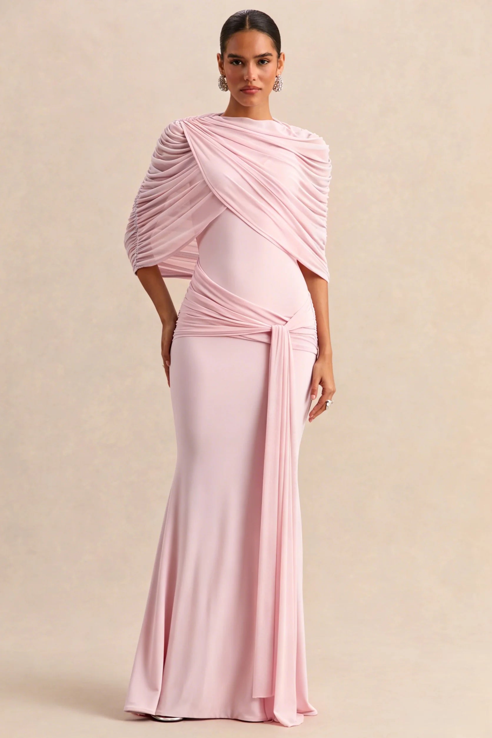 Elegant Mermaid Evening Dress Draped Detachable Cape Sleeveless Bodycon Maxi Gown Wedding Party Elegant Draped Formal Dress