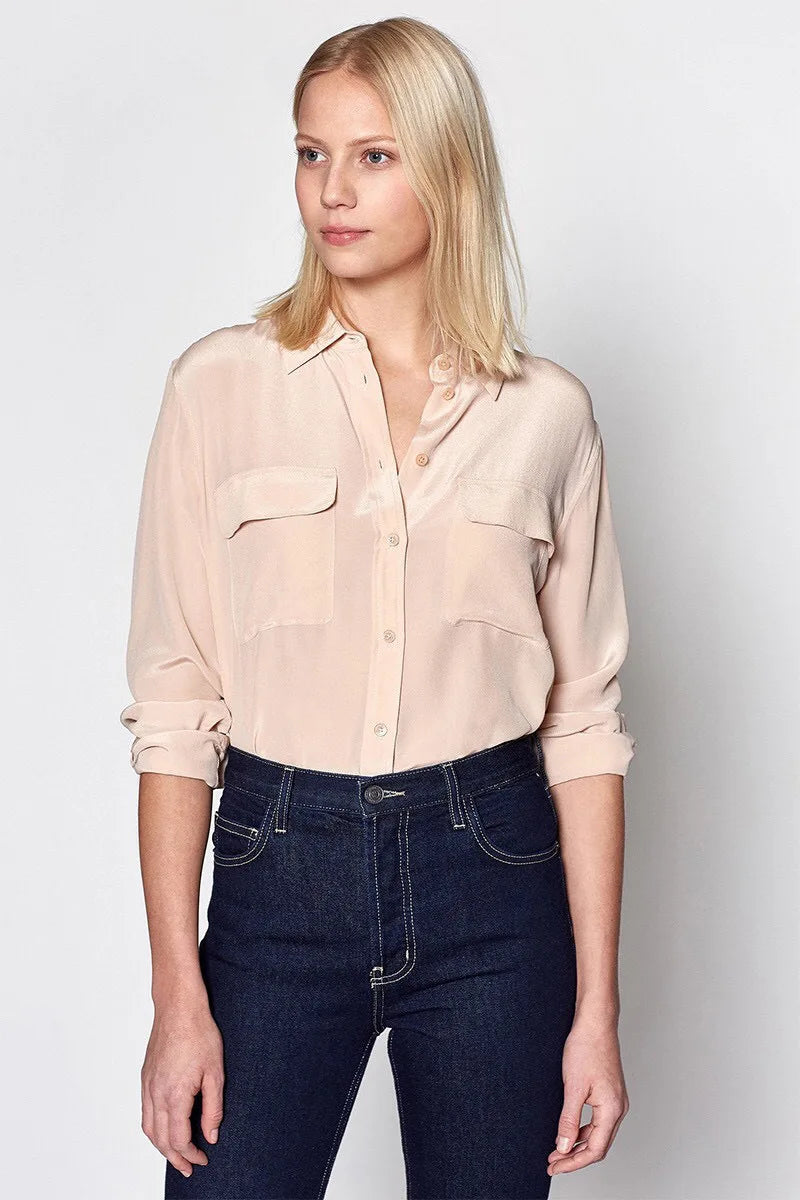 Women Real Silk Shirts Classic Double Pockets Solid Color Casual Fashion Long Sleeve Thin Shirt Blouses Tees