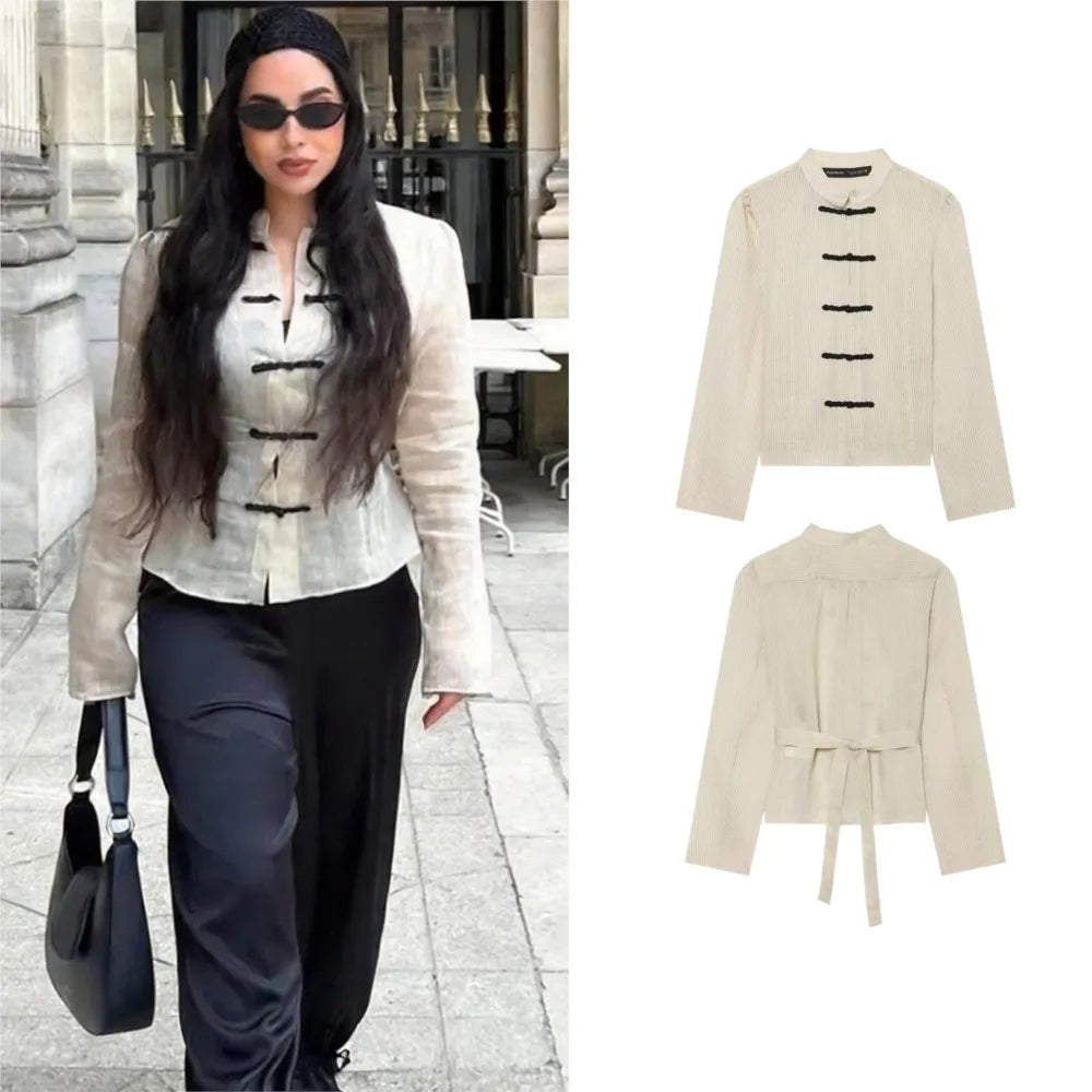Women Trendy Sexy Striped Shirts Summer Female Chic Rope Buttons Sheer Shirts Lady High Street Elegant Long Sleeve Blouse Tops