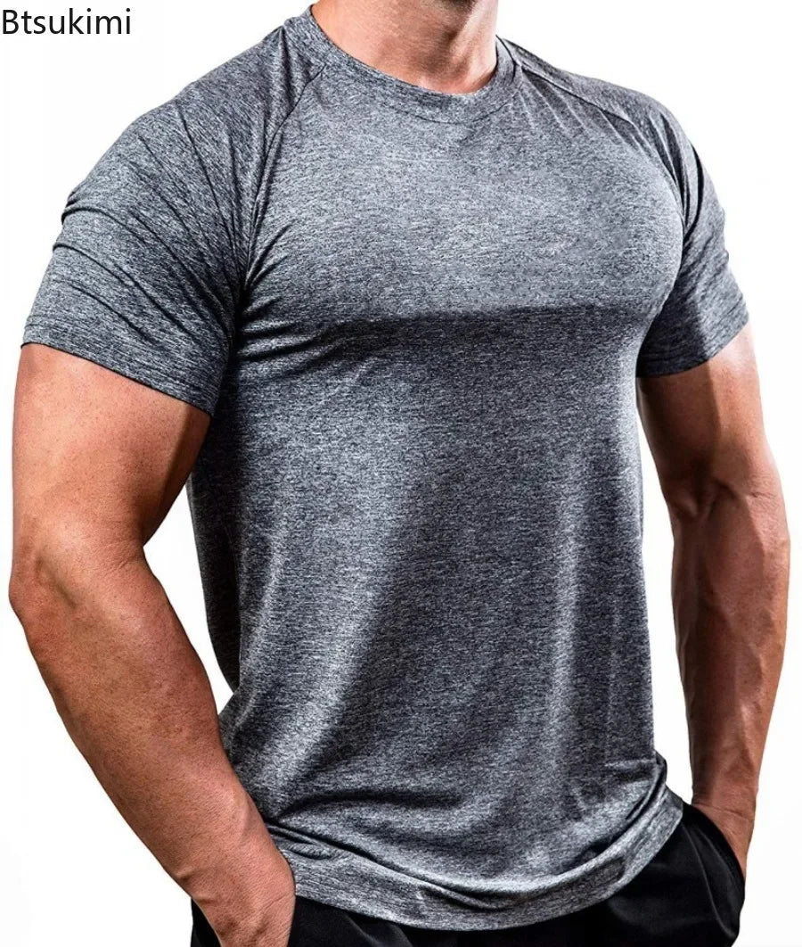 Summer Gym T-shirts Men's Solid Fitness Clothing O-neck Short Sleeve Tops Breathable Slim Bodybuilding Workout Muscle Tees Male