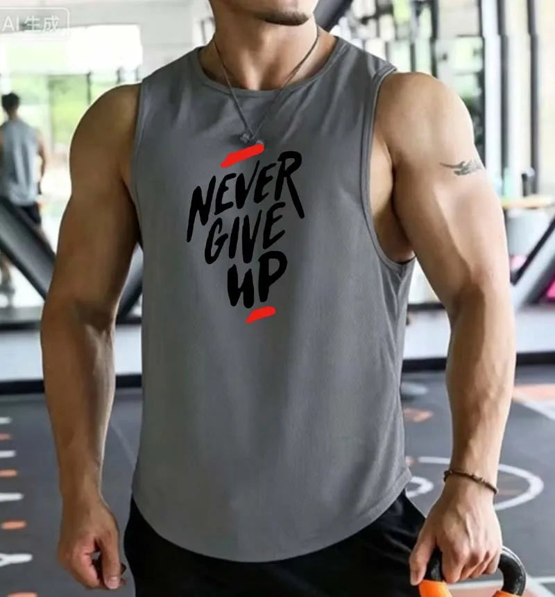 Men's Summer Fitness Muscle Sports Tank Top Breathable Moisture Wicking Loose Sleeveless Quick Dry Training T-Shirt Letter Print