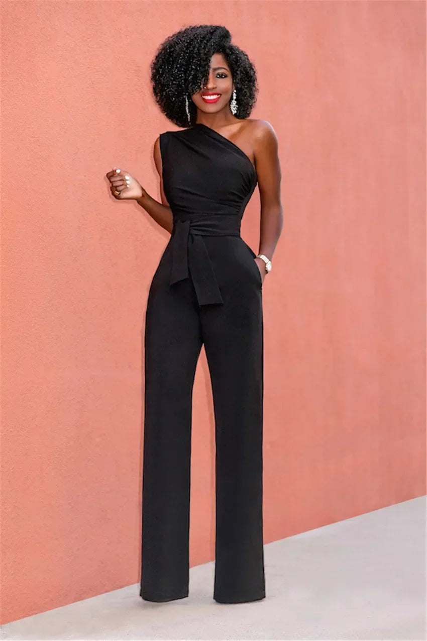 Elegant Skew Collar Belted Jumpsuit