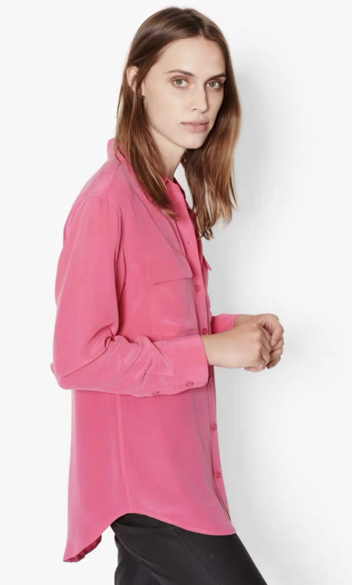 Women Real Silk Shirts Classic Double Pockets Solid Color Casual Fashion Long Sleeve Thin Shirt Blouses Tees