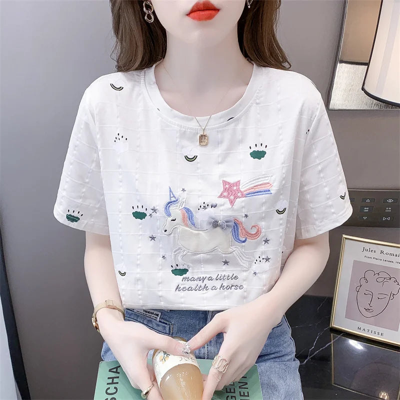 Embroidered Cartoon Summer Casual Tee