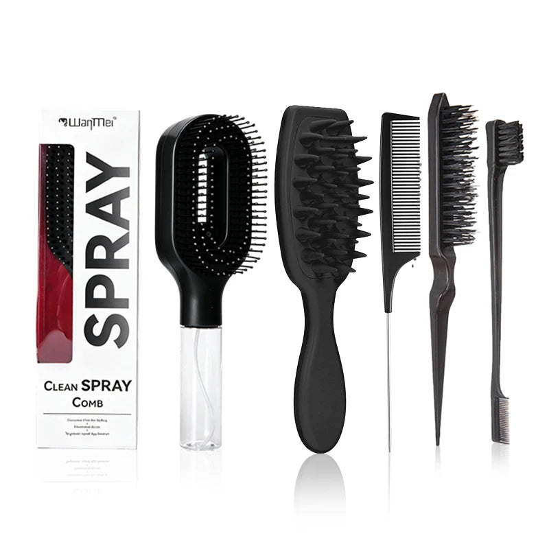 5Pcs Hair Care Styling Kit All-in-One with Spray Comb, Scalp Massage Brush, Rat Tail Comb & Edge Brushes for Home Salon Use