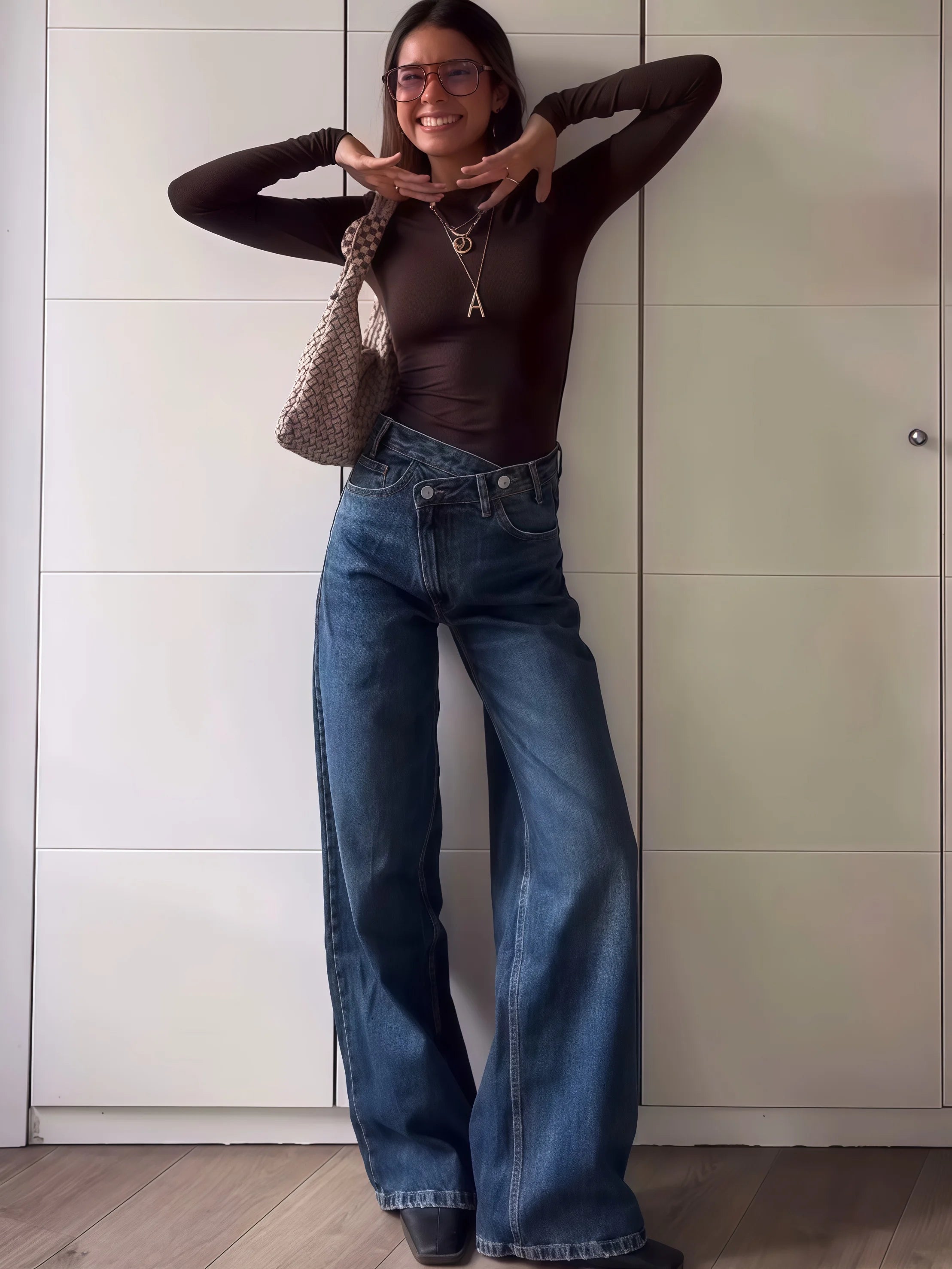 Slanted Placket Retro Wide Jeans