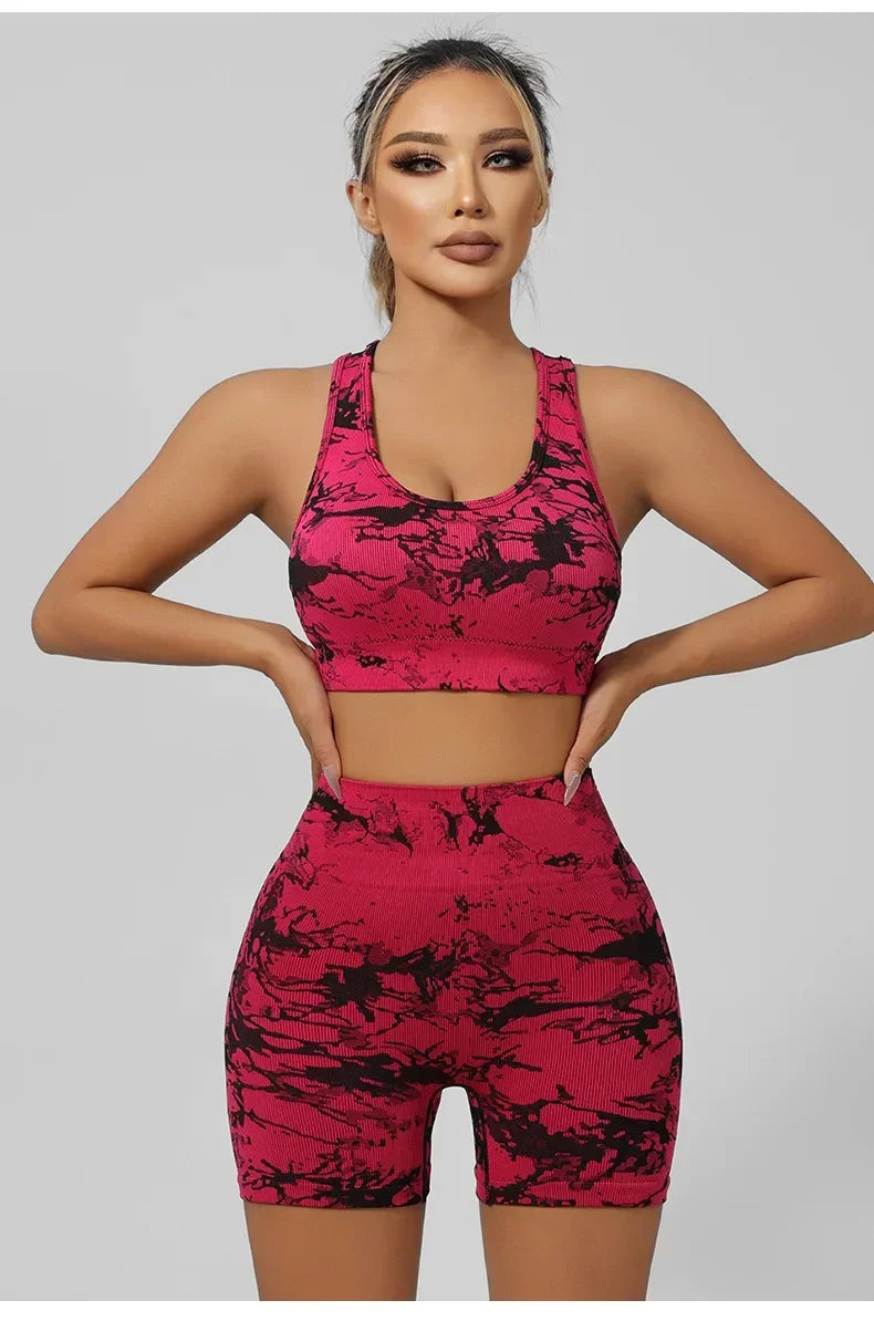 Women Seamless Tie Dye Yoga Set Quick Dry Sports Bra Shorts Lightweight Breathable Workout Outfit