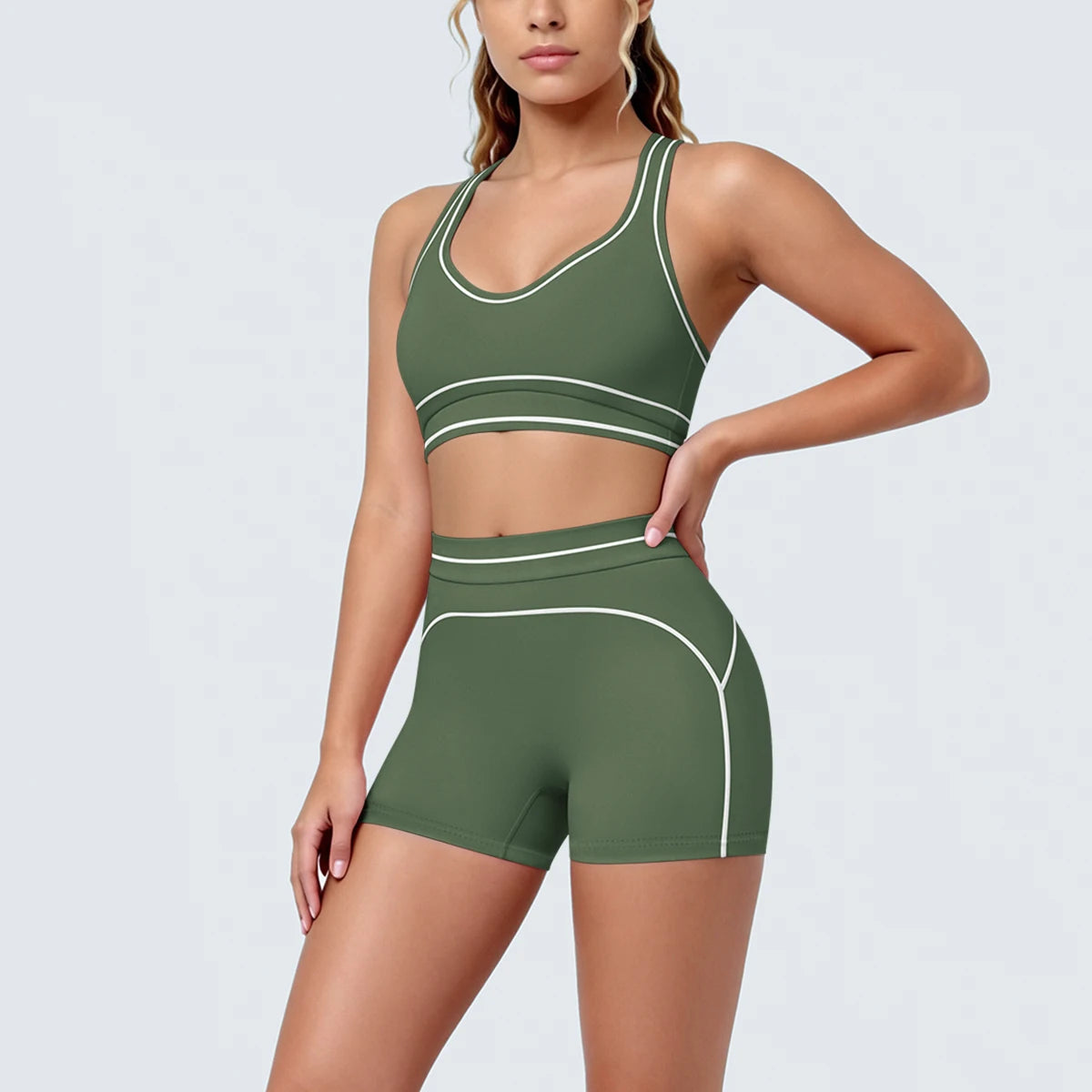 New Woman Yoga Set Color Blocking Sexy Sport Bra Yoga Underwear with Chest Pad High Waist Stripe Running Fitness Shorts Yoga Set