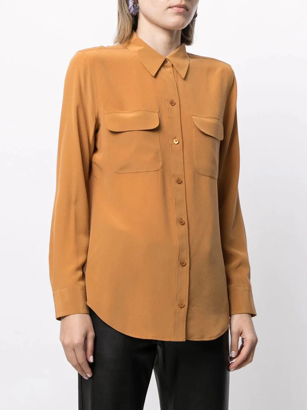 Women Real Silk Shirts Classic Double Pockets Solid Color Casual Fashion Long Sleeve Thin Shirt Blouses Tees