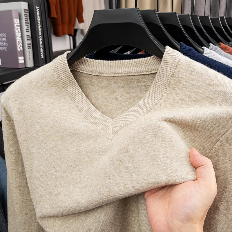 New Sweatwear Men's V Neck Basic Solid Color Sweaters Round Neck Elastic Pullovers Warm Autumn Knitted Oversized Sweater Men