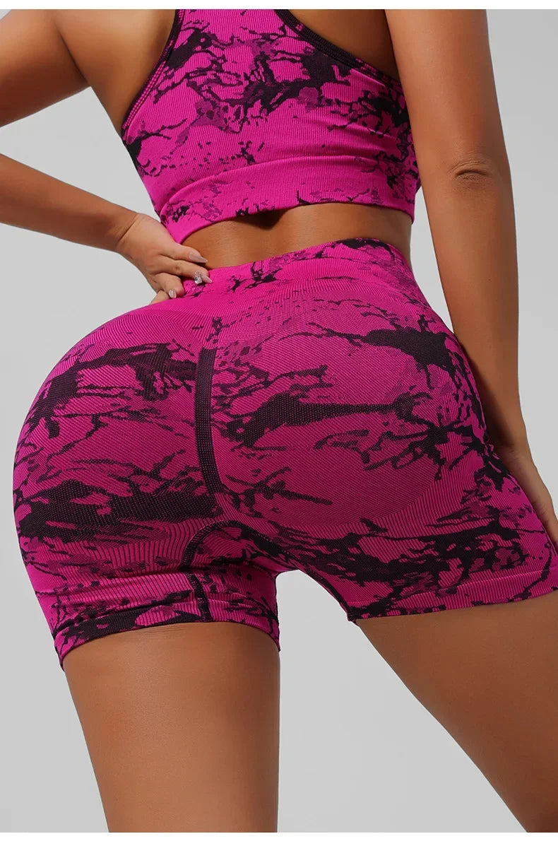 Women Seamless Tie Dye Yoga Set Quick Dry Sports Bra Shorts Lightweight Breathable Workout Outfit