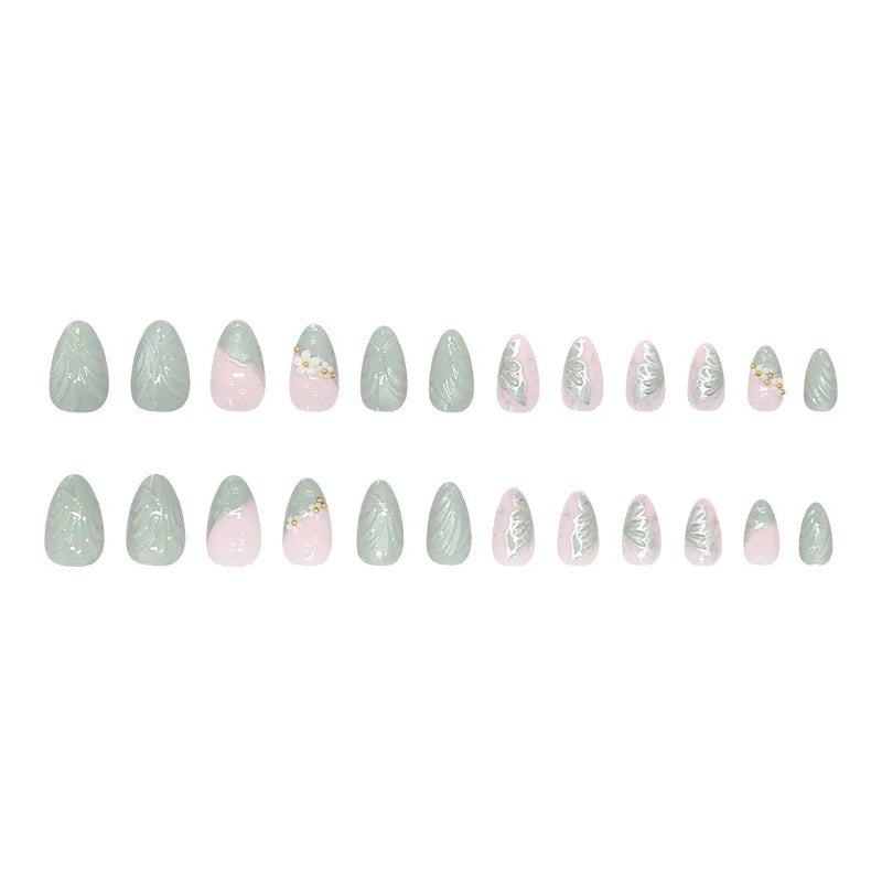 Medium fake nails for women Gradient nude brown blue flowers or rhinestones fall winter almond tips press on false nail art set