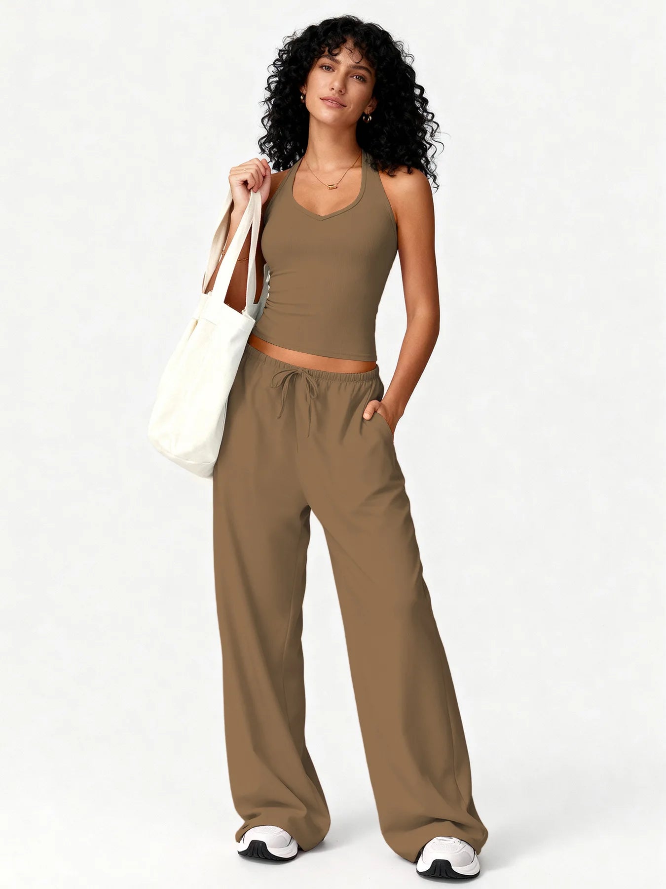 Women 2 Piece Yoga Outfit Ribbed Halter Crop Tank Top Drawstring Wide Leg Pants Set Casual Workout Gym Loungewear Tracksuit