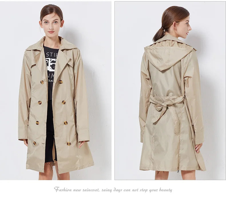 Fashion Women Thin Raincoat Poncho Ladies Waterproof Long Slim Raincoats Adults Outdoor Hiking  Windproof Rain Coat With Belt