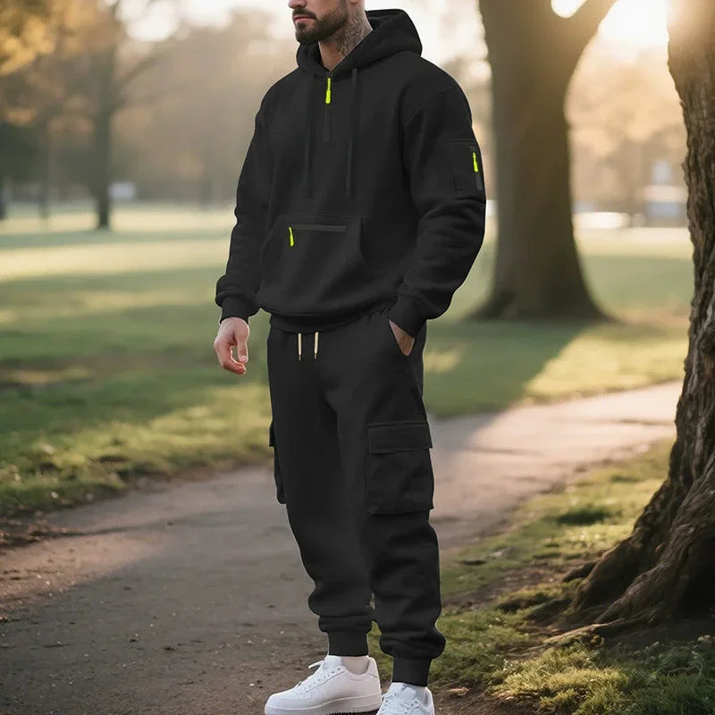 Men's Heavyweight Fleece-Lined Casual Tracksuit Set for Winter - Loose-Fit, Half-Zip, 2-Piece Workwear Style