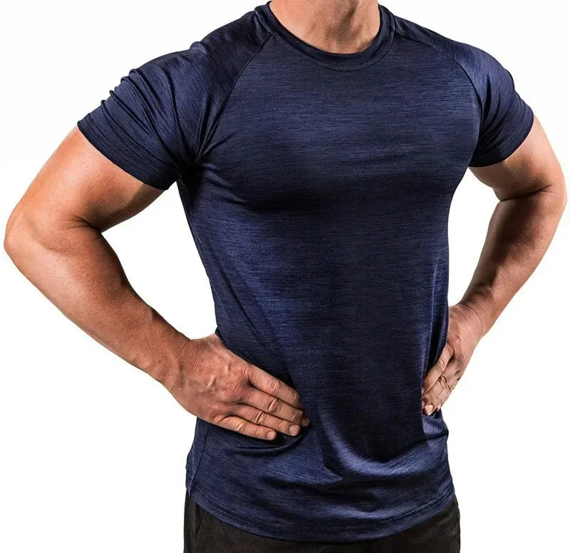Summer Gym T-shirts Men's Solid Fitness Clothing O-neck Short Sleeve Tops Breathable Slim Bodybuilding Workout Muscle Tees Male