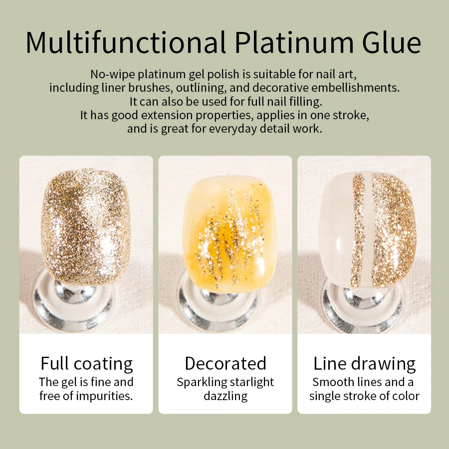 RSNAIL 5g No-Wipe Platinum Gel Nail Polish for Summer Reflective Sparkle Metallic Golden Silvery Drawing Liner Manicure Varnish