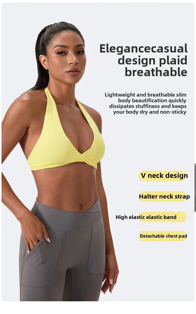 Strappy Bra for Women Open Back Halter Sports Bra Light Support Gym Crop Top Seamless Workout Yoga Top Bra Padded Bras
