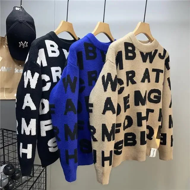 Sweater Men's Clothing Winter Full-print Letter Jacquard Loose Thickened Design Round Neck Top Trendy American Style Sweater