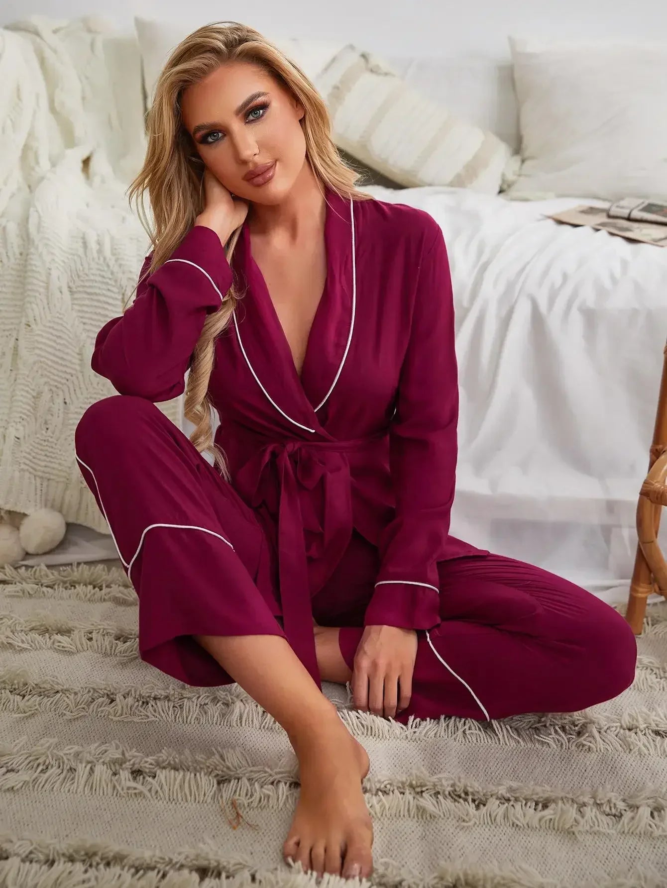 Wrap Belt V Neck Pajama Set