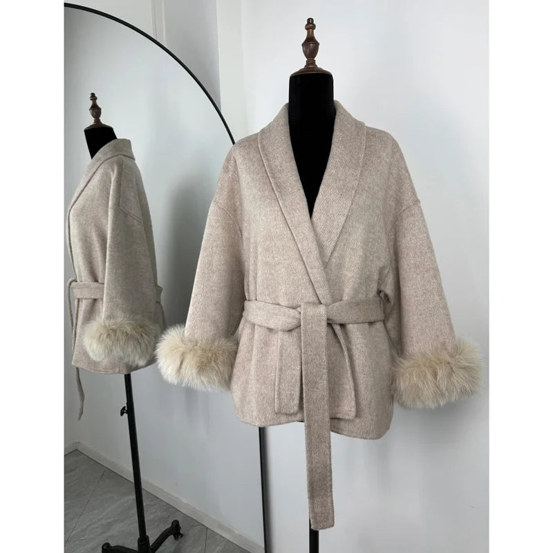 Fox Fur Woolen Coats Women's Short Coat Office Lady Removable Elegant Double-sided Wool Overcoat 2025 New Cardigan Jacket
