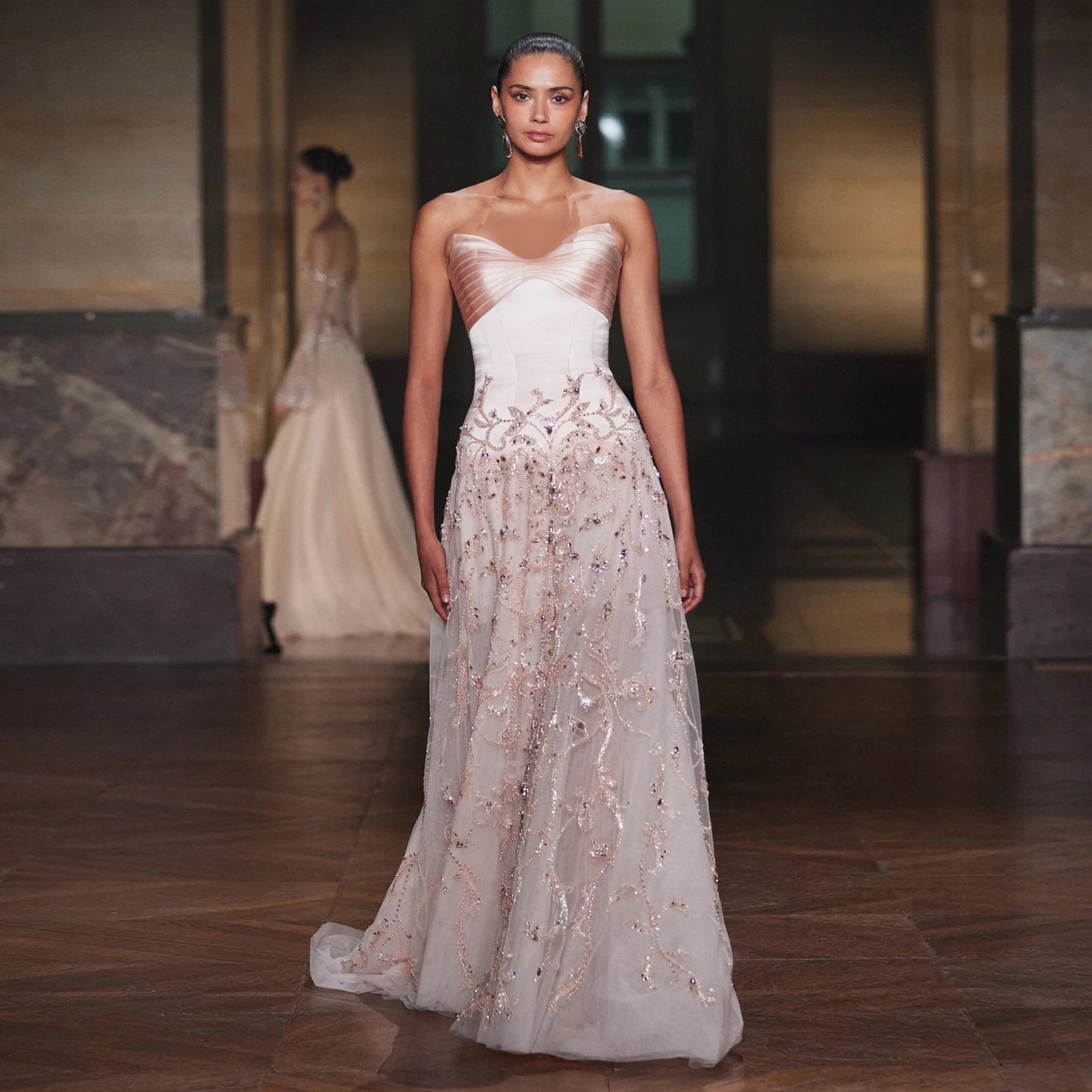 Pink Beaded Sweetheart Evening Gown