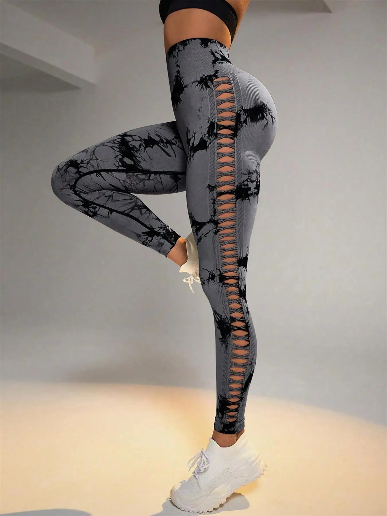 Women's Sporty Tie-Dyed Side-Cut Yoga Pants, Fashionable High-Waisted Hip-Lifting Sports Pants, Seamless Stretch Tight Pants