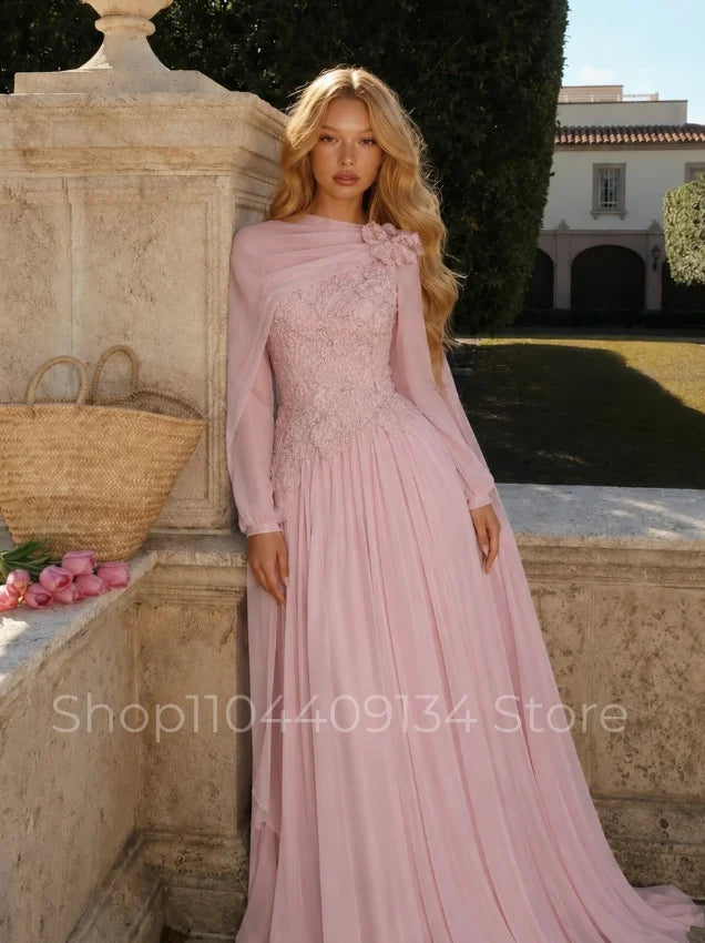 Elegant Floral Formal Evening Gown Muslim Kaftan Beaded Chiffon Long Sleeves Middle Eastern Henna Women’s Prom Dress Customized