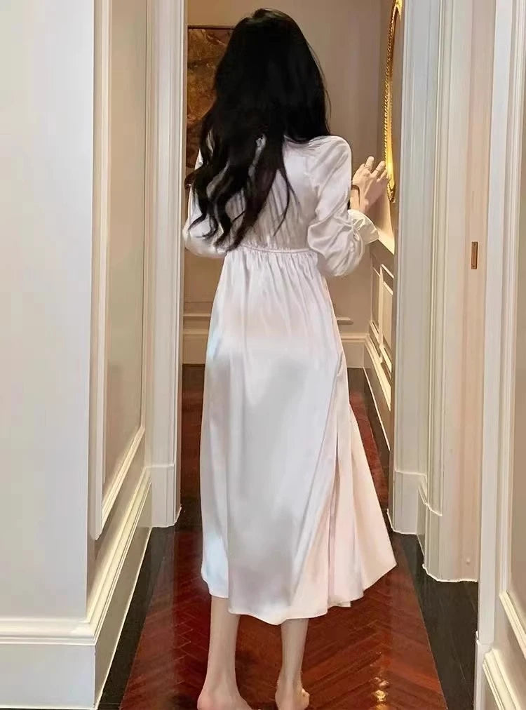 Female Long Nightdress Retro French Court Style Princess Nightgown Sleepwear Spring Summer Loose Rayon Home Clothes Lounge Wear