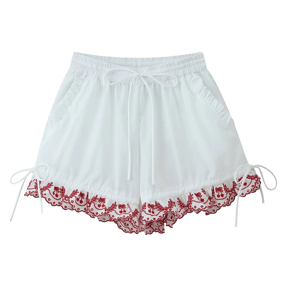 Women's Embroidered Shorts Summer New Elastic Waist With Pockets Lace-up Shorts Fashion Casual Female Shorts
