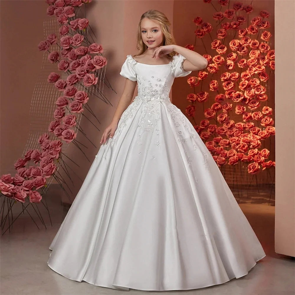 Elegant Flower Girl Dresses for Wedding Satin Beaded Floral Floor Length Girl Kids Birthday Party First Holy Communion Gown