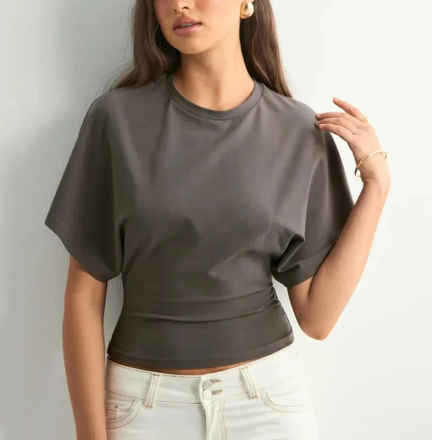 Women's T-shirts Crew Neck Ruched Waist Slim Fit Solid Color Casual Cropped Tee Summer Streetwear Basic Daily Wear Top