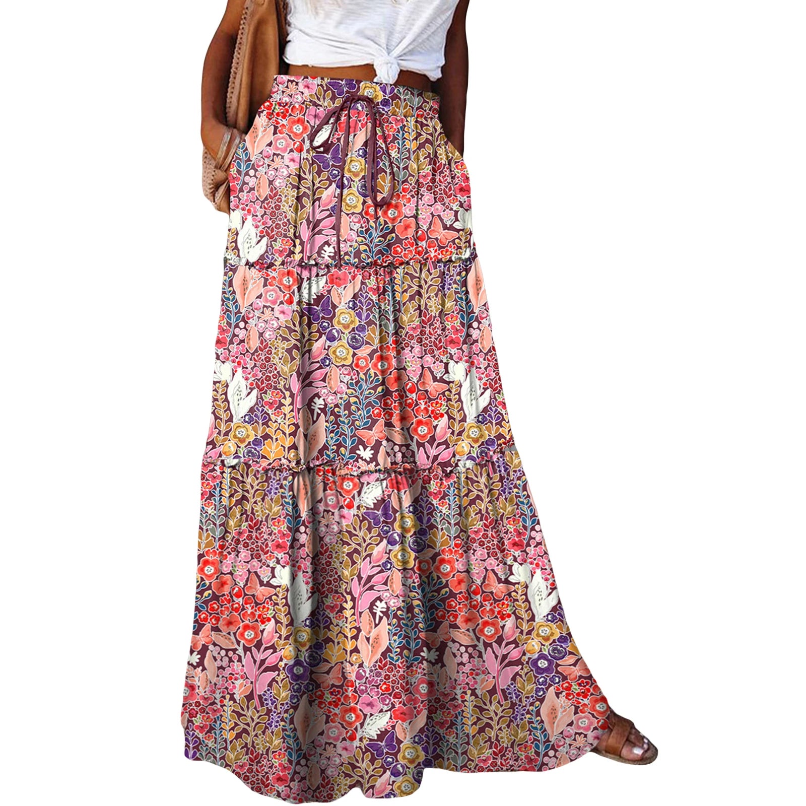Women's Bohemian Skirts Vintage Elastic High Waist A-Line Skirts Tiered Long Skirts with Pockets