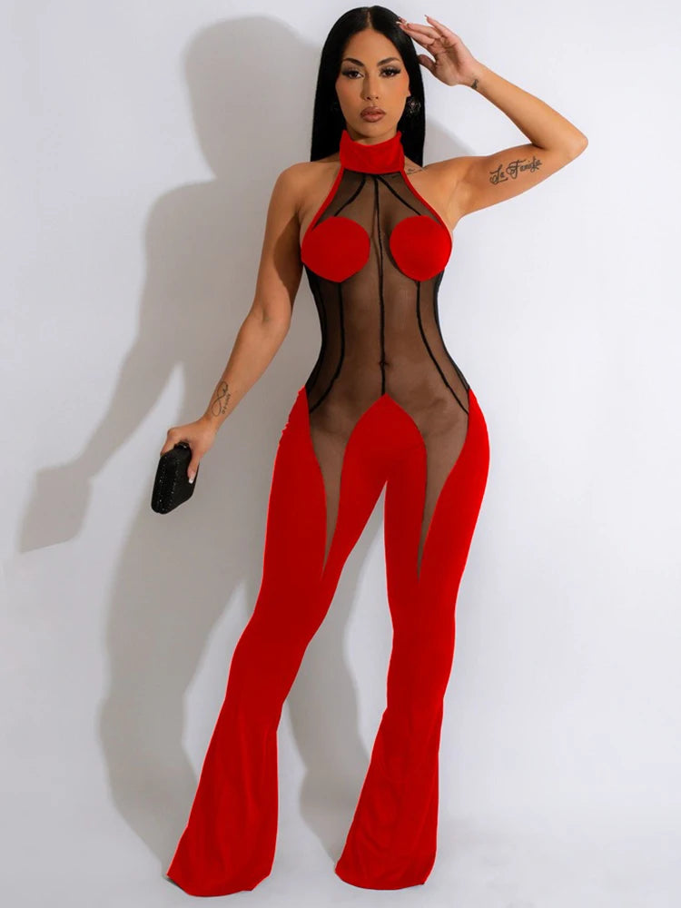 Sheer Lace Halter Flare Jumpsuit