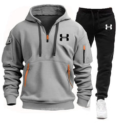 New Long Sleeve Hoodie with Zipper and Multiple Pockets for Men's Autumn and Winter + Sports and Leisure Pants Two-Piece Fitness